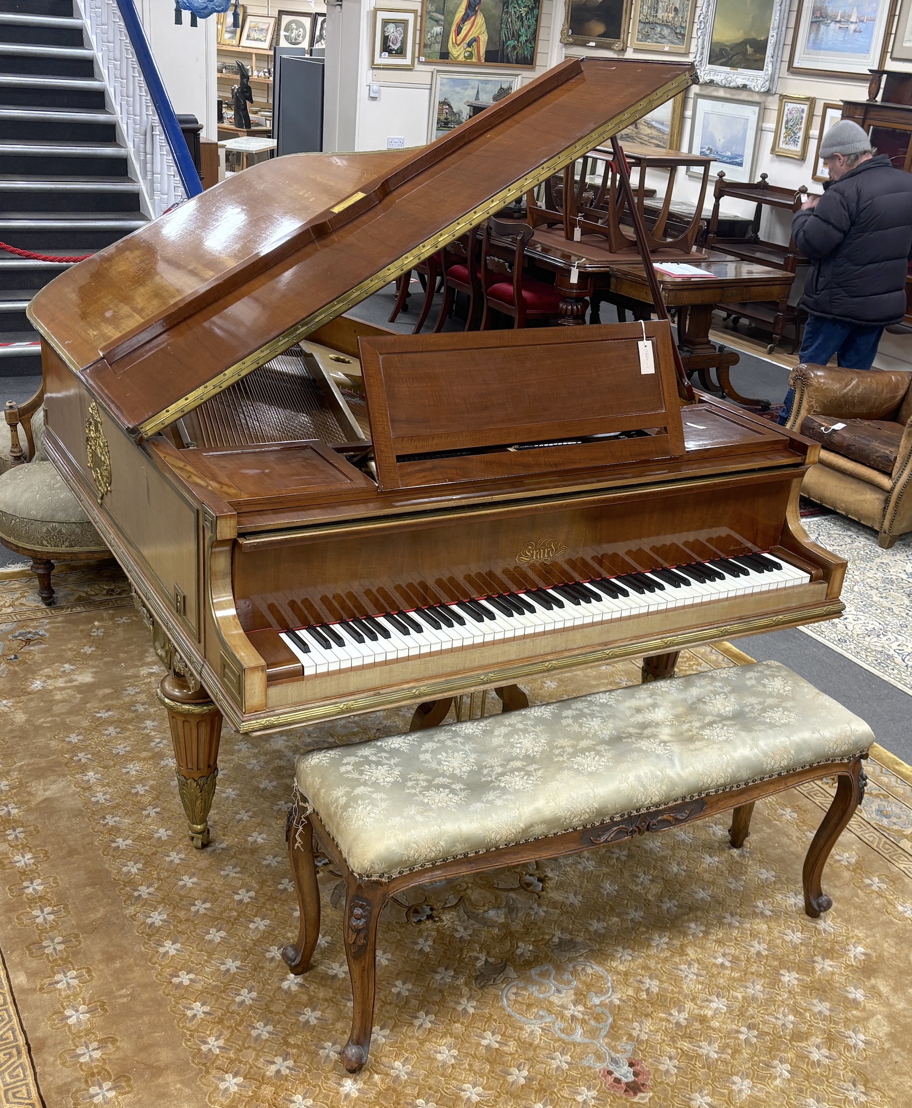 An Erard Louis XVI style mahogany and ormolu mounted boudoir grand piano, c1910 (ivory keys), length 180cm, depth 148cm, height 102cm together with a late Victorian mahogany duet piano stool, CITES Submission reference 5